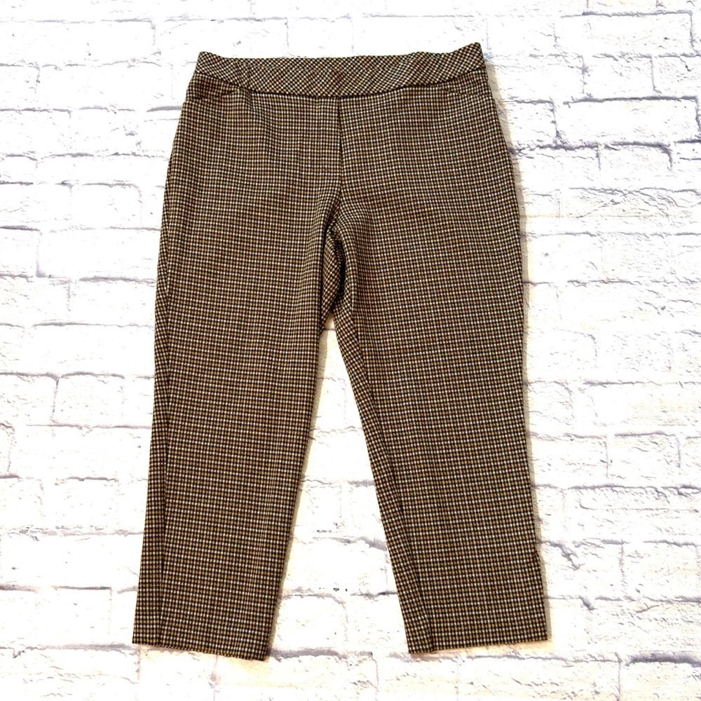 J Jill Ponte Slim Leg Pull On Pants Brown and Black Mini Check Size Petite Large